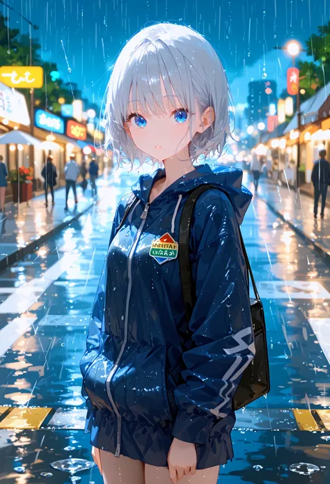 score_9, score_8_up, score_7_up, best quality, source_anime break, blue theme,cute 1girl, silver short hair, rainy, blurry cityl...