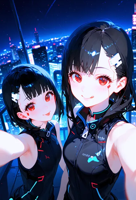 score_9, score_8_up, score_7_up, best quality, source_anime BREAK, 2girls, twins, black hair, red eyes, pale skin, selfie, v, tongue out, smile, blush, outdoors, city, tokyo, night sky, BREAK depth of field, cyberpunk, dark, very dark, blue theme