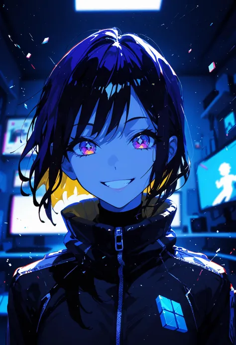 score_9, score_8_up, score_7_up, best quality, source_anime BREAK, 1girl, solo, from front, (room:1.2), looking at viewer, squint, smile, (blurry background:1.1), dark theme, yellow tone, violet tone, polarized, glitch art, silhouette art, block-noise art, disintegration effect