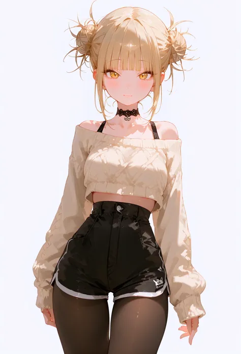 score_9, score_8_up, score_7_up, best quality, source_anime BREAK, white background, 1girl, solo, toga himiko, hair bun, double bun, shorts, pantyhose, blonde hair, high-waist shorts, choker, yellow eyes, sweater, white background, thigh gap, simple background, breasts, looking at viewer, black shorts, blush, blunt bangs, messy hair, sleeves past wrists, crop top, bags under eyes, cropped sweater, long sleeves, black choker, short shorts, closed mouth, collarbone, medium breasts, black pantyhose, sidelocks, off shoulder, slit pupils, midriff, alternate costume, cowboy shot