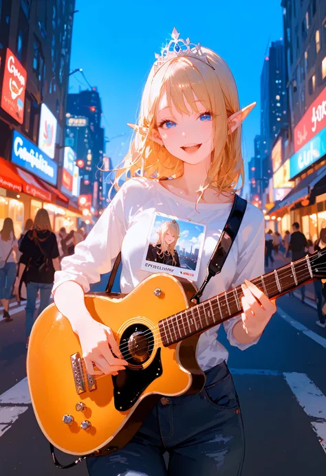 score_9, score_8_up, score_7_up, best quality, source_anime BREAK, polaroid photo, the cloud elf queen busks on the streets of new york, realistic, casual, playing guitar, tiara, relaxed, happy, film grain, soft lighting