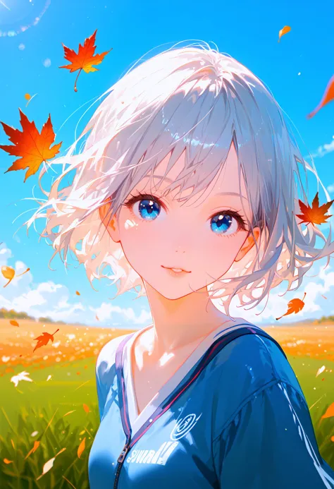 score_9, score_8_up, score_7_up, best quality, source_anime BREAK, cinematic lighting, cute 1girl, silver short hair, blue eyes, fashionable, trendy outfit, head tilt, straight-on, chromatic aberration, standing on a vast grassland, beautiful blue sky, cumulonimbus,wind,(upper body),(fluttering leaves),close-up,looking at viewer