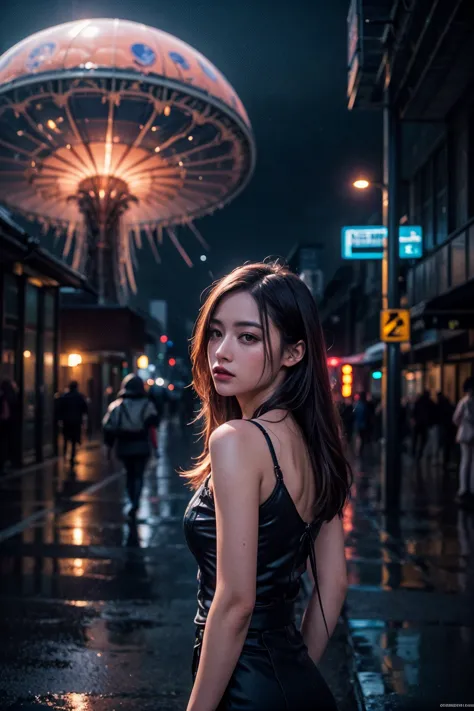 a woman in a black dress standing in the rain with a ferris wheel in the background