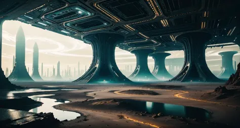 photograph of a alien world under the ground,A dramatic photograph of city under the ground,a futuristic city , (a futuristic ci...