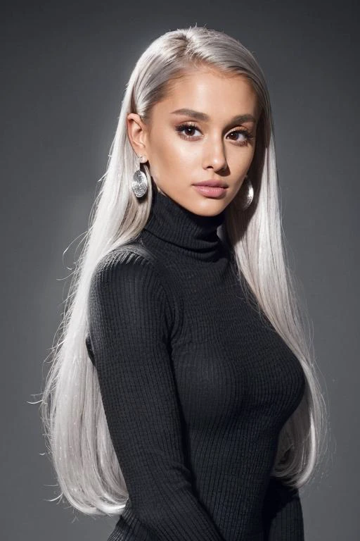 A woman with long white hair wearing a black turtle neck sweater SeaArt AI