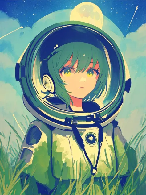 (((masterpiece,best quality,an extremely delicate and beautiful,illustration))),
(from side,medium long shot),
((a cute_detailed_girl in spacesuit,beautiful_detailed_face in aerospace_helmet)),(((upper body))),(disheveled hair:0.3),
(((clouds:0.3),multiple_luna,(floating_fortress technology machinery),night sky background)),
(cyberpunk_aerospace_helmet)
Lawn, by the house, Rocket Launching, The Earth, Green grass