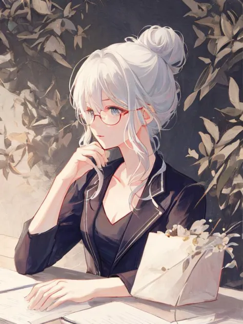 masterpiece,best quality,highly detailed,office lady,white hair,hair bun,collarbone, messy hair, black suit,messy hair,wallpaper,chin rest,glasses,solo,cold,