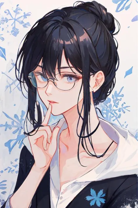 masterpiece,best quality,highly detailed,office lady,white hair,hair bun,collarbone, messy hair, black suit,messy hair,wallpaper,chin rest,glasses,solo,cold,