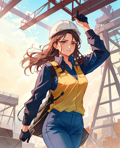 In this powerful cowboy_shot, we see a female construction worker wearing a sturdy hardhat amidst a backdrop of steel beams.
The white hardhat sits securely on her head, symbolizing her dedication to safety in this demanding environment.
Her hair was soaked with sweat.
The steel beams surrounding her create a striking contrast against her strong yet graceful presence, highlighting her ability to navigate and conquer any challenge.
female construction worker, studentish, youthful, powerful, mighty, conqueror, walking forward, medium hair, upper body,
Best quality, masterpiece,  <lora:soviet-poster:0.37>