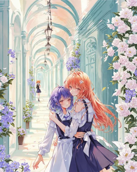 2 girls, yuri, walking, eye_contect, chat, gesture, wise, philosopher,  shoulders, long curvy hair, pinafore dress, (flowers crowded, flowers everywhere:1.1), wisteria corridor, hallway,
afternoon,(warm color):0.263, magical atmosphere, trending on artstation, intricate details (by Marc Adamus):0.7,(by itou hachi):0.3,(8k hdr:1.2), atmospheric perspective, extremely detailed, wallpaper, perfect anime illustration, (cowboy shot):0.87, portrait:1.35, close-up:1.3,(upper body):0.75,
<lora:add_detail:0.217> <lora:clamp-tsubasa-style:0.75> <lora:psychedelicfluids:0.216> <lyco:VECTORV1-TRIM:0.31> <lora:monet_v2:0.112>  <lora:supica_v3:0.133>  <lyco:gouacheFinv1:0.07>  <lora:choomoranma:0.09>