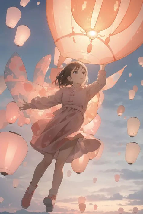 anime girl flying with a bunch of balloons in the air