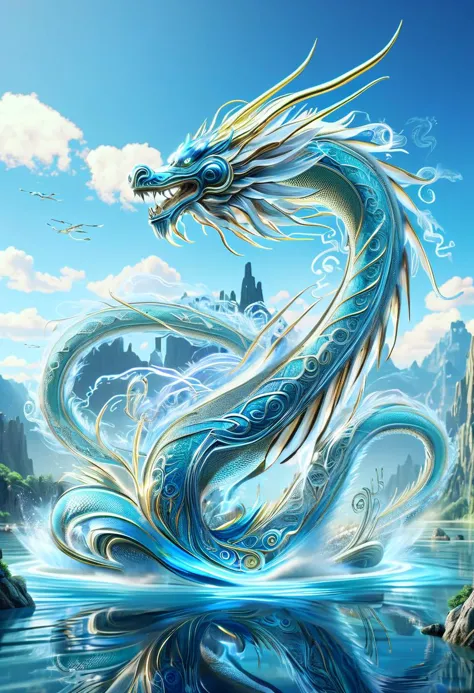 hyper detailed masterpiece, dynamic,awesome quality,DonM3lv3nM4g1cXL magic, scifi aquatic holy european streamlined Chinese Dragon,   celestial
   