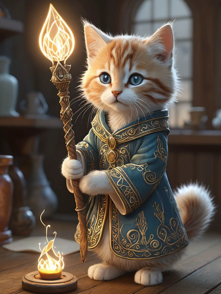 An enchanting image featuring an adorable kitten mage wearing intricate ancient robes, holding an ancient staff, hard at work in her fantastical workshop, intricate runic symbols swirling around her, it's clear that she's busy casting a powerful spell. Her fluffy tail sways gently as she concentrates on the task at hand, adding to the whimsical atmosphere of this magical scene. The soft lighting and detailed surroundings create an immersive environment where imagination runs wild. This charming artwork is sure to delight fans of both kittens and fantasy worlds alike, transporting them into a realm filled with wonder and possibility,
hyper-detailed, high quality visuals, dim Lighting, ultra-realistic, sharply focused, octane render, 8k UHD 