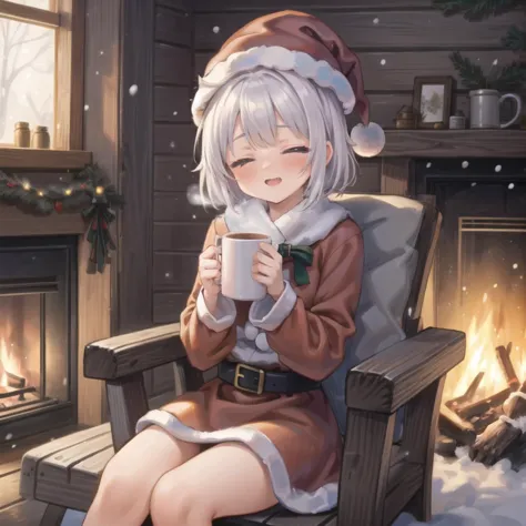 anime girl sitting in chair with cup of coffee in front of fireplace