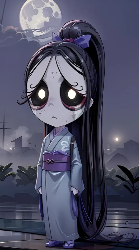 a cartoon girl with long hair and a purple dress standing in front of a full moon