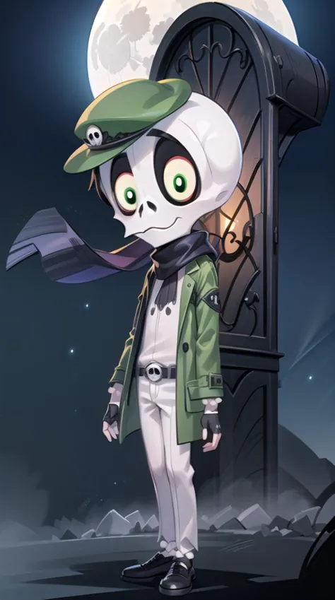 rubygloom_skullboy, solid-best-physical-appearance-perfect::2, ((best quality, masterpiece, extremely detailed CG, ultra-detailed, intricate details:1.2)), 8k wallpaper, elaborate features, glistening shiny, glowing light, ray tracing, HDR, deph of field, (1boy, solo, chibi, skeleton, skull, colored sclera, green eyes, white pupils, full body), ((night sky, full moon, fog, dark atmosphere, eerie, mansion, moonlight, outdoors, fingerless gloves, smile, scarf, green headwear, green coat)), <lora:rubygloom_skullboy:0.7>, <lora:hyperdetailer:0.8>