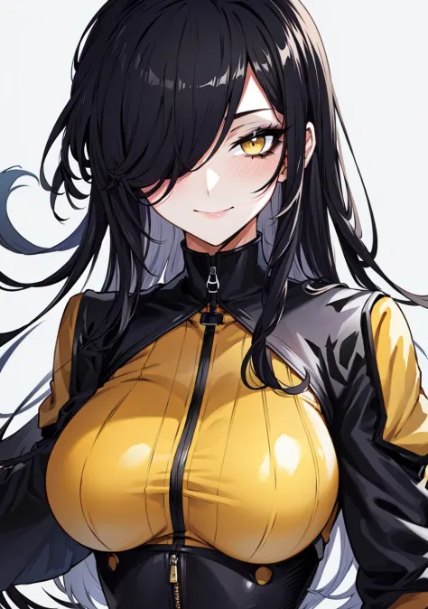 (masterpiece), best quality, lot of details, 1 girl,solo, upper body, close-up, hair over one eye, black hair, yellow eyes, bodysuit, simple background, large breasts, centred, looking at viewer,  <lora:Orouu_100:0.7>,