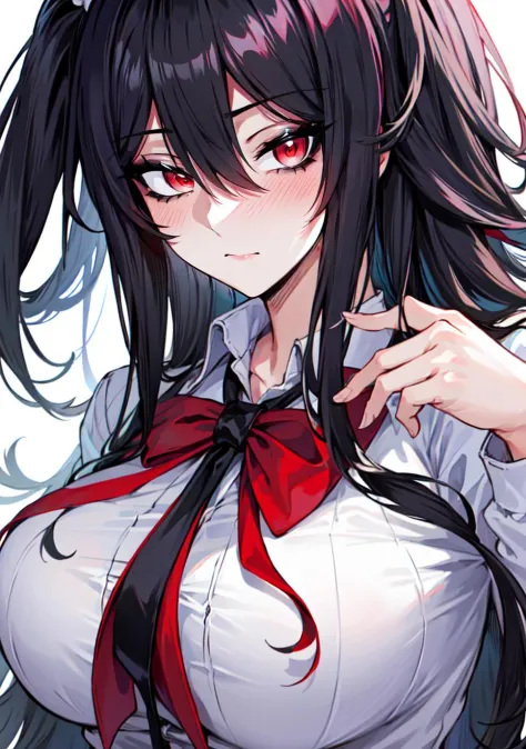 (masterpiece), best quality, lot of details, 1 girl,solo, upper body, close-up, hair between eyes, black hair,  black school uniform, large breasts, red eyes, looking at viewer,  <lora:Orouu_100:0.8>