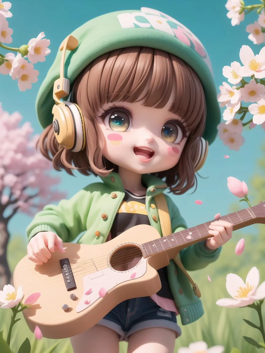 (masterpiece),(best quality),(ultra-detailed), (full body:1.2),
1girl,chibi,cute, smile, open mouth,
flower, outdoors, playing guitar, music, beret, holding guitar, jacket, blush, tree, :3, shirt, short hair, cherry blossoms, green headwear, blurry, brown hair, blush stickers, long sleeves, bangs, headphones, black hair, pink flower,
(beautiful detailed face), (beautiful detailed eyes),
 