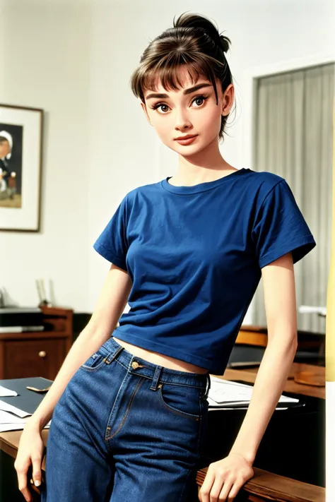 (long shot:1.4), <lora:AudreyHepburn_v1:.9> AudreyHepburn wearing a t-shirt and jeans