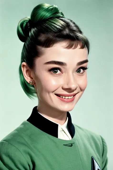 , portrait photo of <lora:AudreyHepburn_v1:.9> AudreyHepburn, focus on smiling face, wearing a star trek uniform , her light pastel green hair is styled as fishtail messy bun,