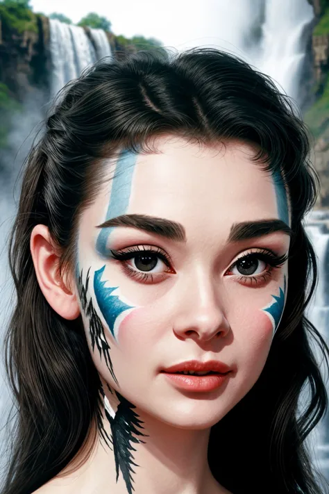 a close up of a woman with a face paint and a waterfall