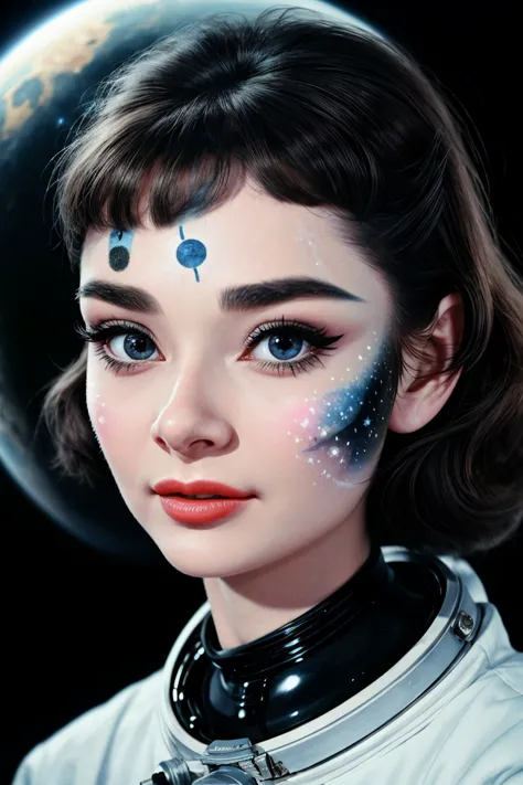 a woman in a space suit with a face paint and a planet in the background