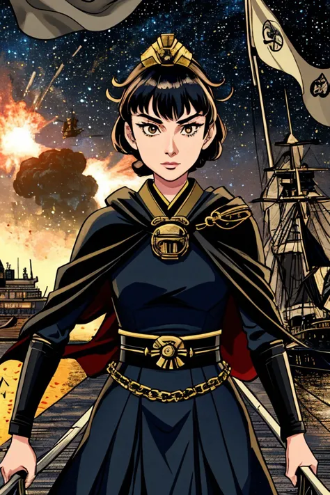 a cartoon image of a woman in a black outfit standing on a dock