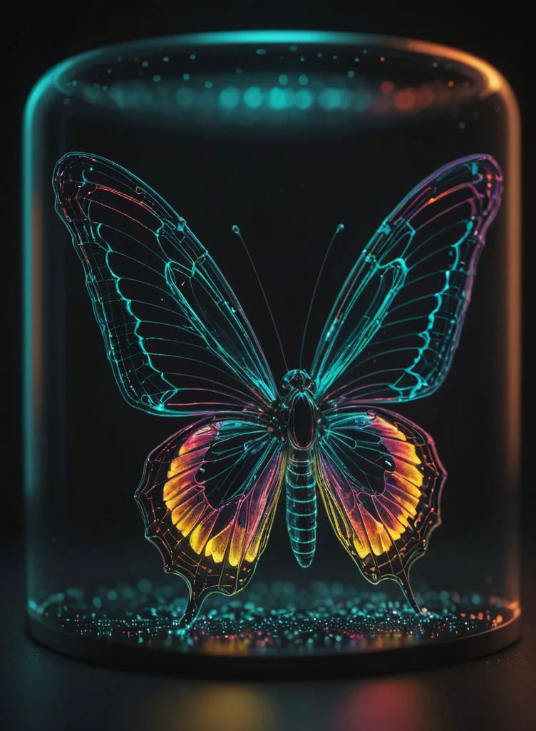 Цифровая бабочка 3d каркасная, Светящаяся радуга на стеклянном дисплее черного цилиндра, (малая глубина резкости:0.6), очень подробный, высокий бюджет, (боке:0.6),  зернистость, зернистый , 