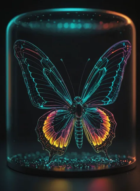 a glowing butterfly in a glass jar with a black background