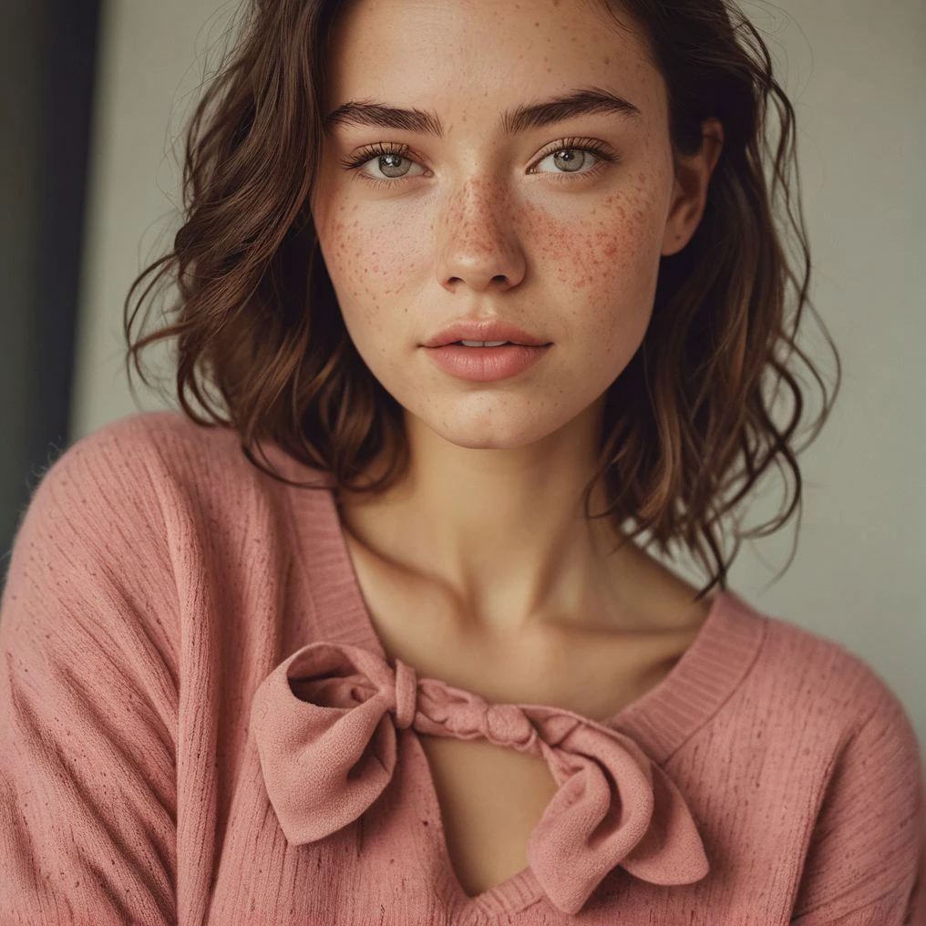 a young woman with a radiant complexion is captured in a moment of tranquility. Her hair, a rich shade of dark brown, frames her face beautifully. Her eyes, full of warmth and life, are accentuated by a subtle touch of makeup that enhances her natural beauty.
She is adorned in a low-cut dark pink sweater, which adds a touch of sexiness to her appearance. The sweater features a unique bow detail at the neckline, adding a playful element to her outfit. The bow, tied neatly, draws attention to her exposed cleavage. Cinematic, freckles, cute smile
. 