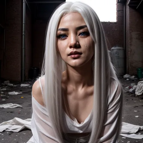 arafed woman with long white hair sitting on the ground