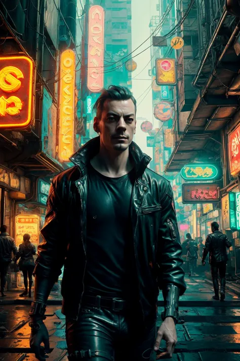 a man in a leather jacket walking down a street in a neon city