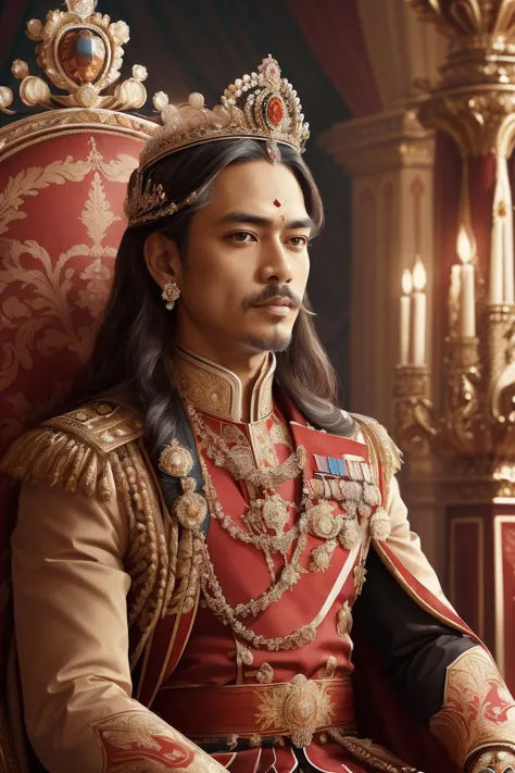 a man in a red and gold outfit sitting on a red chair