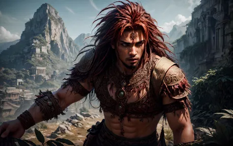 masterpiece, epic, majestic, best quality, very high resolution, 8k, hdr, digital photography, dynamic pose, striking 28 years old (male Réunionese:1.2) lancer, jade eyes, (copper hair, layered messy hair:1.1), showing bleak expression, solo, establishing shot, looking at viewer, detailed background, detailed face, (<lora:GrecoRomaPunkAI:0.6>, grecopunkai theme:1.1), bloodthirsty feral jungle warrior, aggressive expression, piercing gaze, defensive stance, Olive frayed tribal clothing, warpaint,,blood ornaments, leaves, poisonous plants, rocks, exotic mountain in background, insects in background, rugged terrain, low light, mysterious haze, cinematic atmosphere, ,, (iridescent:0.7), (transparent:0.8), (translucid:0.8), (reflection:0.6), (refraction:0.3), (diffraction:0.3), (caustics:0.3), volumetric lights, volumetric shadows, (subsurface scatering:0.4), physically based rendering, (intricate details:1.3), hyperdetailed, ultrarealistic, (sharp focus:1.2) <lora:hyperdenoiser_v090:1.5> <lora:add_detail:1.5>