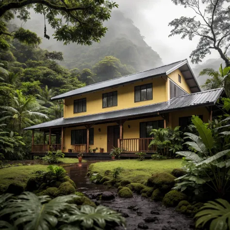 A small off the grid house in a lush, green rainforest of costa rica with heavy rain pouring hard on the roof, emphasizing the contrast between the natural surroundings and the rainwater running off the roof, Nature Photography, captured with a macro lens ...