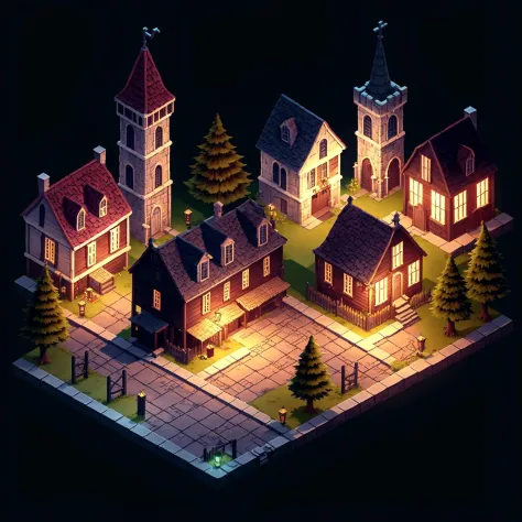 Spooky Town at night, game art, Isometric Composition map