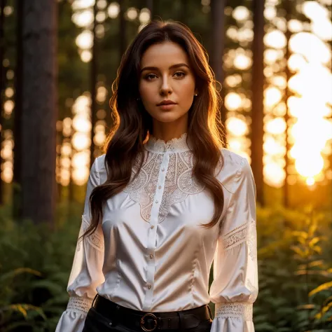 Woman in white lace silk blouse against the sunset in the forest