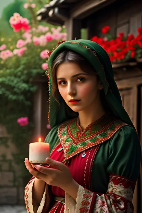 turkish woman dressed in traditional turkish village clothes with a candle, in the style of dark green and red, romantic depicti...