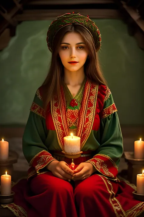 turkish woman dressed in traditional turkish village clothes with a candle, in the style of dark green and red, romantic depicti...