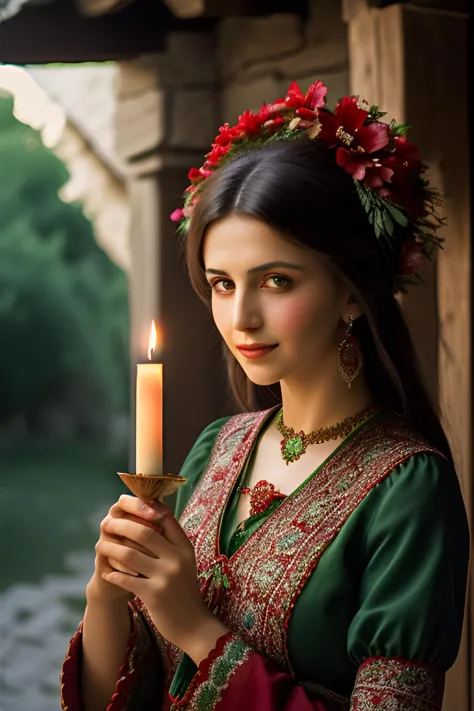 turkish woman dressed in traditional turkish village clothes with a candle, in the style of dark green and red, romantic depictions of turkish weddings,slight smile, fairycore, webcam photography, historical reproductions, traditional techniques reimagined...