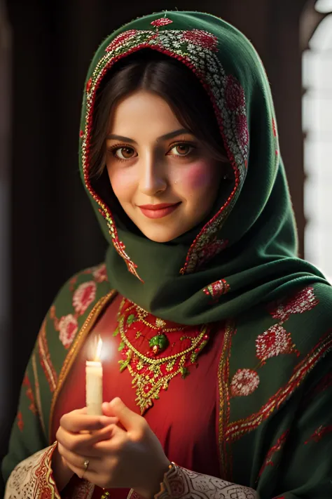 turkish woman dressed in traditional turkish village clothes with a candle, in the style of dark green and red, head covered with turkish hijab, romantic depictions of turkish weddings,sad smile, teary eyes,  fairycore, webcam photography, historical repro...
