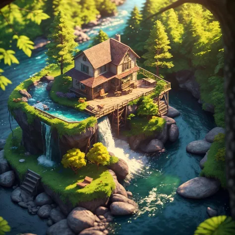 photographic, realistic, realism, cinematic photo, beautiful, (masterpiece:1.2), (best quality:1.2), perfect lighting, pov, Cute isometric island, cottage in the woods, river with water falling off the edge,foreshortening, depth, colorful, 35mm photograph,...