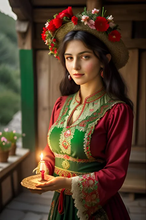 turkish woman dressed in traditional turkish village clothes with a candle, in the style of dark green and red, romantic depictions of historical events,slight smile, fairycore, webcam photography, historical reproductions, traditional techniques reimagine...