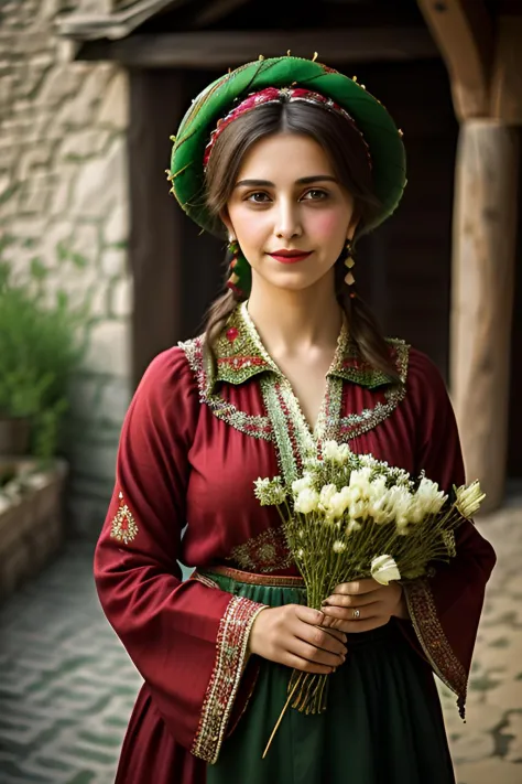 turkish woman dressed in traditional turkish village clothes with a candle, in the style of dark green and red, romantic depictions of turkish weddings,sad smile, teary eyes,  fairycore, webcam photography, historical reproductions, traditional techniques ...