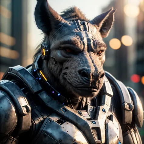 photographic, realistic, realism, cinematic photo, beautiful, (masterpiece:1.2), (best quality:1.2), perfect lighting, pov, cybernetic grey werewolf body with Rhinoceros head, god masculine, with power armor,foreshortening, depth, colorful, 35mm photograph...