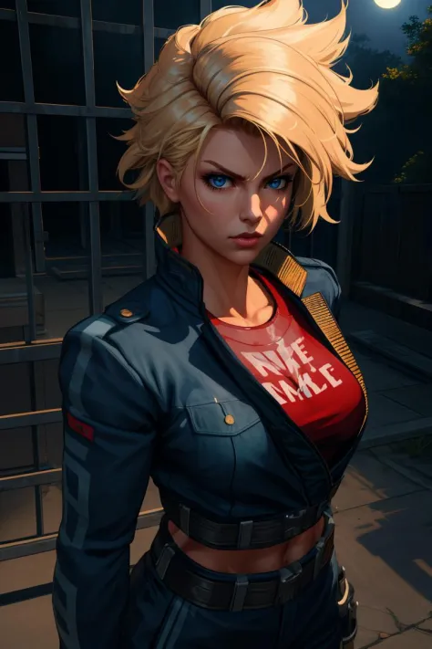 Shina,spiked blonde hair,abs,blue eyes,serious expression,
red crop  chestplate, cropped long sleeved jacket,belt,dark blue attire,
standing,upper body,
steel cage arena,lights,moonlight,
(insanely detailed, beautiful detailed face, masterpiece, best quality),solo,<lora:Shina-10BRv8:0.8>,