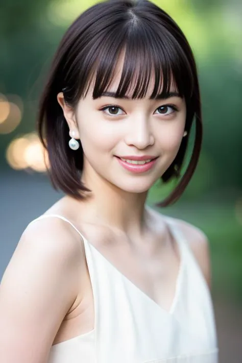 a close up of a woman with a white dress and earrings