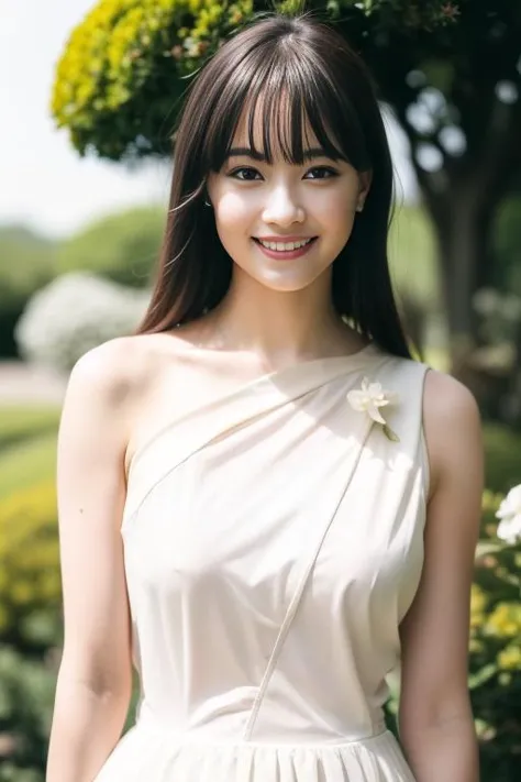 a woman in a white dress standing in front of a tree