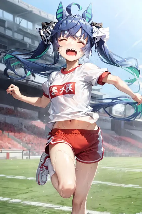 masterpiece, best quality,
twin turbo \(umamusume\),
running, stadium, track, wide shot,

grass, closed eyes, sweat, open mouth,
white shirt, gym shirt, short sleeves, gym uniform, red shorts, white socks, shoes, sneakers, white footwear,
<lora:twin_turbo_loha:0.7>